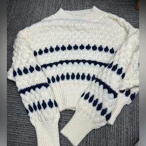 Women's Cream Crewneck Sweater with Navy Pattern